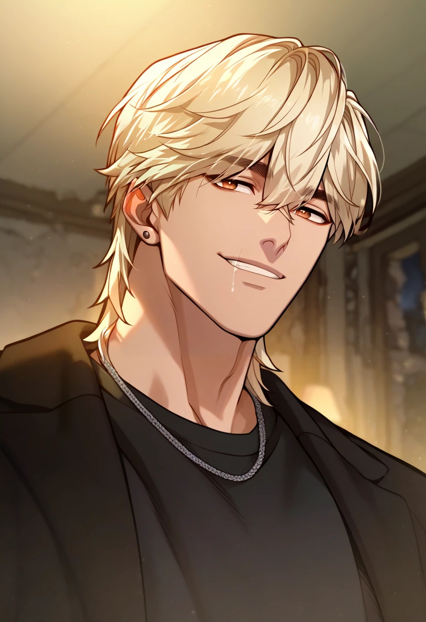 1boy, male focus, solo,
<lora:Character - Questism - JaehaHanPony-40:1> jaehahan, blonde hair, brown eyes, necklace, stud earrings,
,((zPDXL)), score_9_up, score_8_up, score_7_up, score_6_up, score_5_up, score_4_up, best quality, amazing quality, best aesthetic, amazing aesthetic, absurdres, year2023, uncensored, very nsfw, official art, official style, depth of field, detailed eye,
night, indoors, black shirt, jacket, ruins, smirk, upper body,
<lora:Style - Expressive_H-000001:1> expressiveh