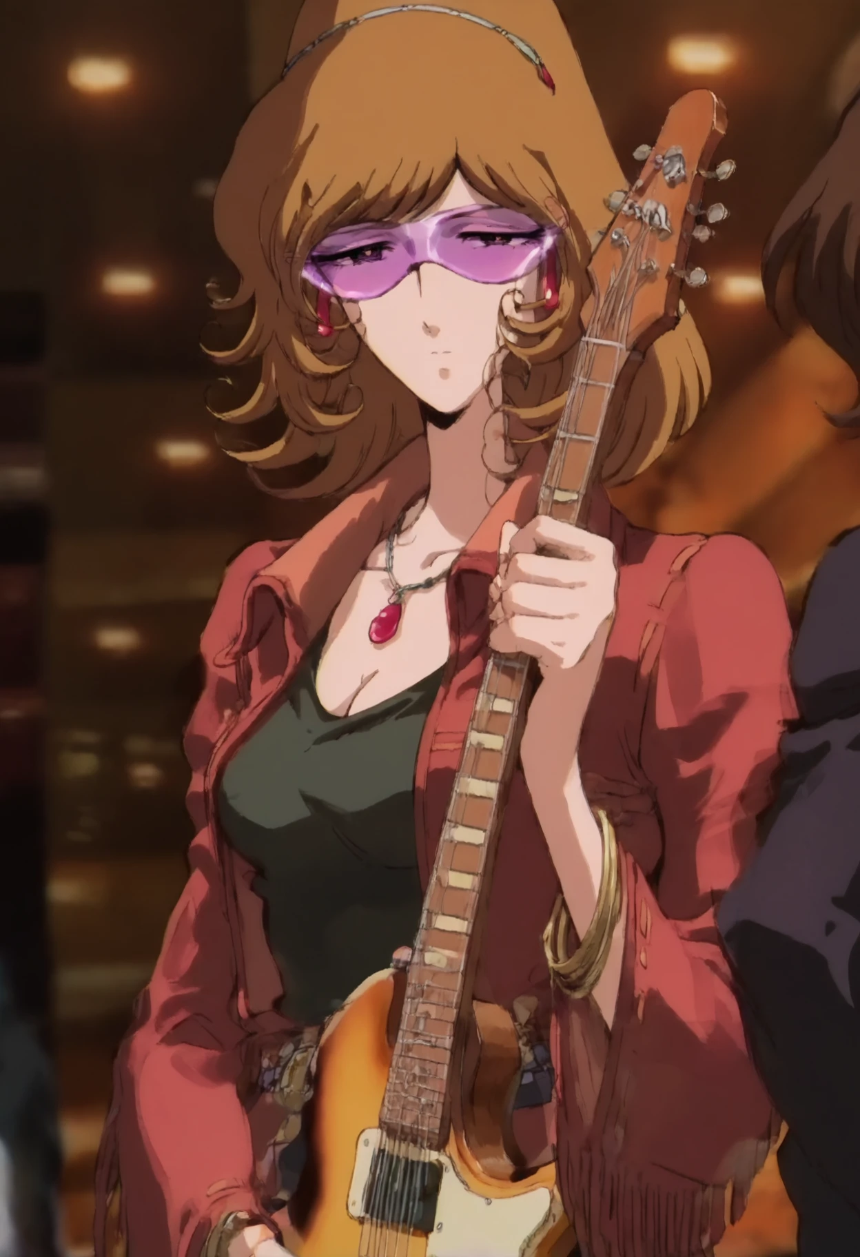 (highres), (absurdres), score_9, score_8_up, score_7_up, score_6_up, score_5_up, score_4_up, 1girl, solo, long_hair, breasts, brown_hair, cleavage, jewelry, earrings, necklace, sunglasses, guitar, holding blue electric guitar, stella, purple theme, neon green