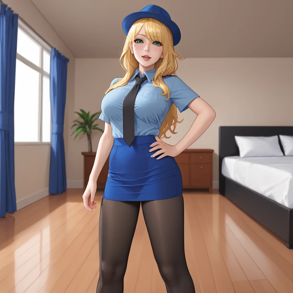 <lora:bishoujofreddy_pony_v1:.8>  BishoujoFreddy, 1girl, solo, blonde hair, large breasts, long hair,makeup, green eyes,   mole, eyeshadow, cowboy shot,  <lora:0820 tokisaki kurumi policewoman fan costume_v1_pony:1> ruanyi0820,black necktie,blue hat,blue shirt,blue skirt,black pantyhose,short sleeves,skirt