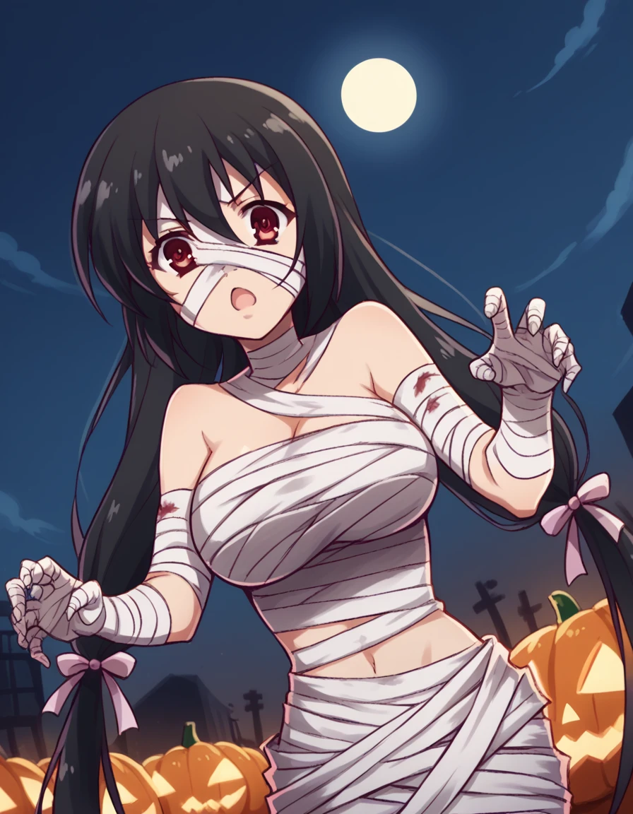 score_9, score_8_up, score_7_up, source_anime, <lora:shino-sasaki-AA-ponyxl-lora-nochekaiser:1>, shino sasaki, long hair, black hair, twintails, red eyes, very long hair, large breasts,, <lora:mummy-costume-ponyxl-lora-nochekaiser:1>, mummy costume, bandages, halloween costume, bandaged arm, zombie pose, bandage on face,, desert, moon, night, open mouth, , dutch angle, cowboy shot