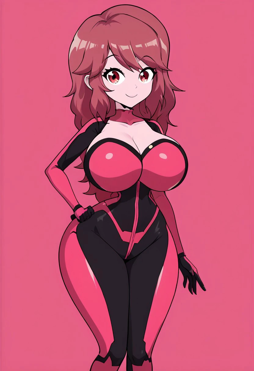 score_9, score_8_up, score_7_up, score_6_up, score_5_up, score_4_up, BREAK source_anime, masterpiece , anime screencap, anime_lineart anime coloring, (Huge breasts, thin waist, big thighs), Long hair, KiolinamaSP, Pink skin, pink hair, red eyes, huge breasts, slim waist, big thighs, SpaceSuit, Bodysuit, Pink spacesuit, Pink background, smile