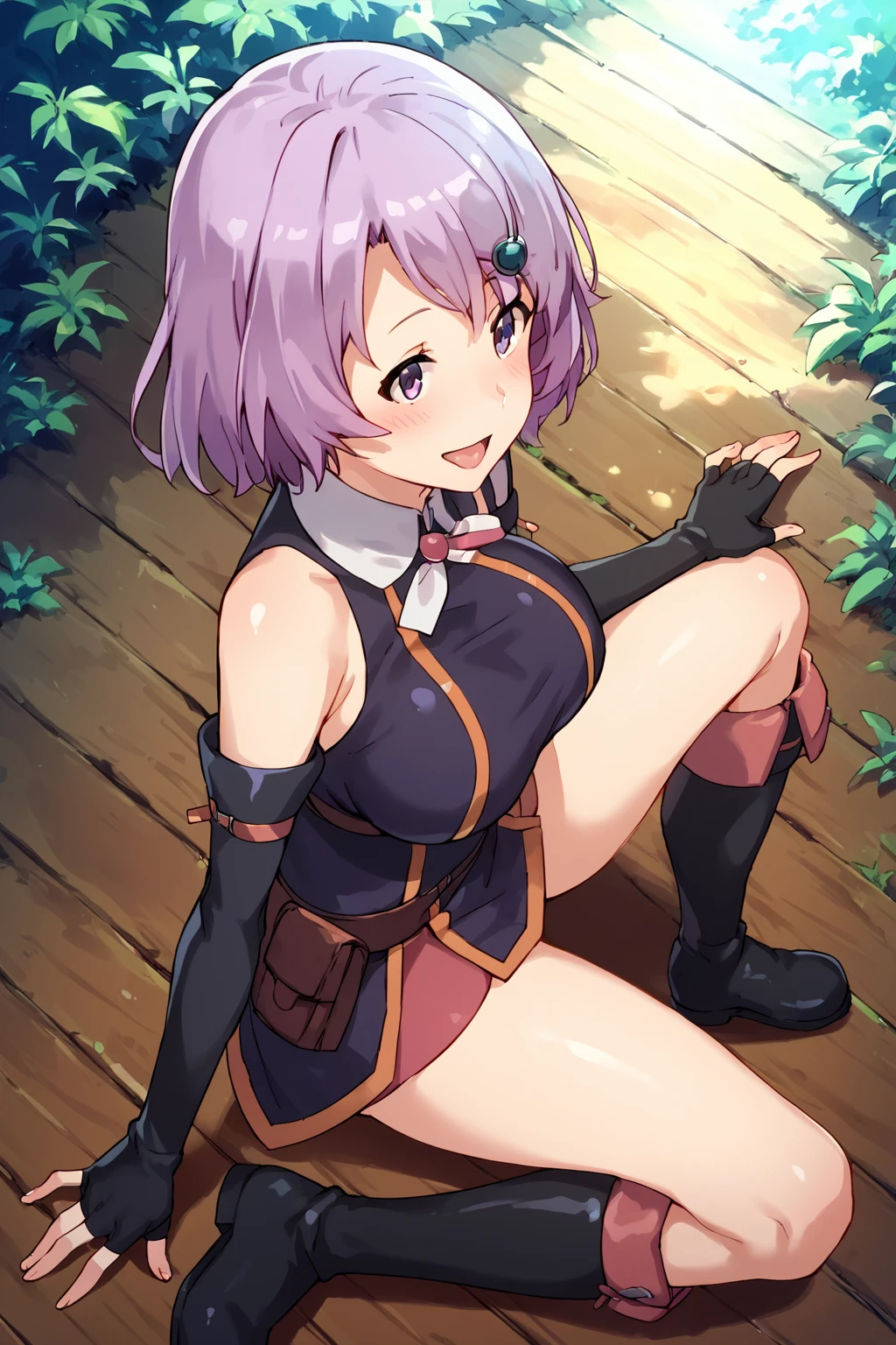 score_9,score_8_up,score_7_up,source_anime,forest,detached_sleeves,fingerless_gloves,sitting on wooden floor,from side,spread legs,boots,from above,large breasts,purple_hair,purple_eyes,hair_ornament,smile,blush,open mouth,tongue out,<lora:Shihoru:1>,