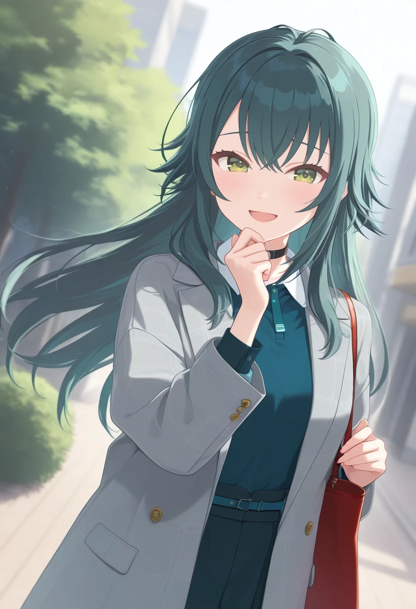 1girl, tsukimura temari, long hair, green eyes, hair between eyes, green hair, medium breasts, school uniform, grey jacket, collared shirt, open jacket, blue shirt, <lora:Tsukimura_Temari-03:0.8>, looking at viewer, solo, black choker, cowboy shot, :d, bag, blush, building, bush, day, double-breasted, dutch angle, floating hair, hand on own chin, hand up, handbag, open mouth, outdoors, plant, pom pom (clothes), raised eyebrows, road, smile, street, tree, , detailed eyes, volumetric lighting, shiny skin, humid skin, BREAK, best quality, amazing quality, highres, absurdres, very aesthetic, high resolution, ultra detailed, perfect details <lora:nyalia:0.4>