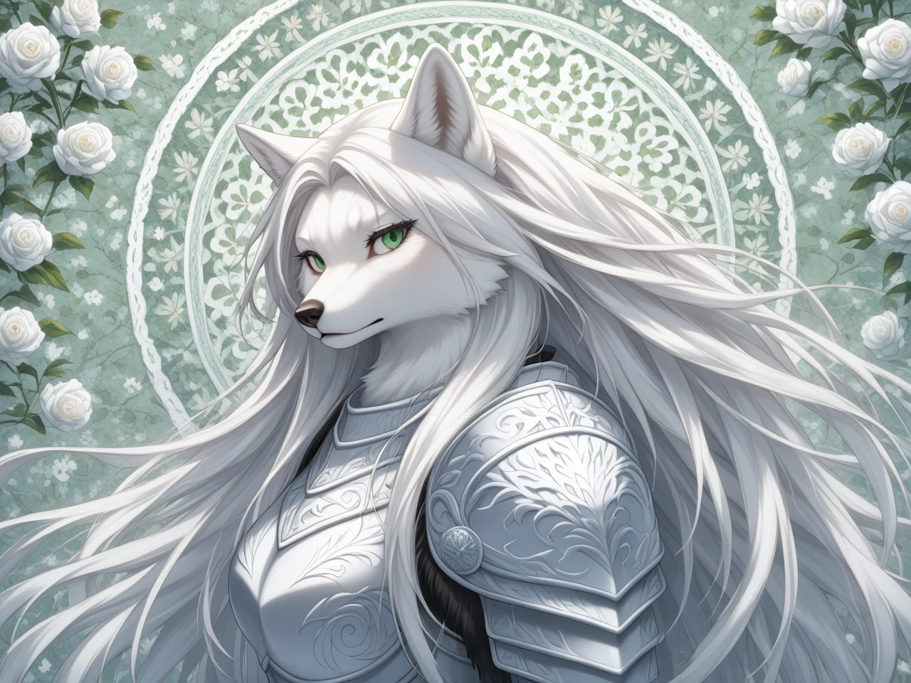 (masterpiece), (best quality), source_anime, perfect anatomy, digital_media_(artwork) hi_res, intricate, high quality, amazing quality, Highly Detailed, Perfect Face, ((furry female, arctic wolf, furry, (white hair, long hair, white fur)), green eyes, ((solid black fur))), detailed background, (white armor, floral patterns), semi-realistic