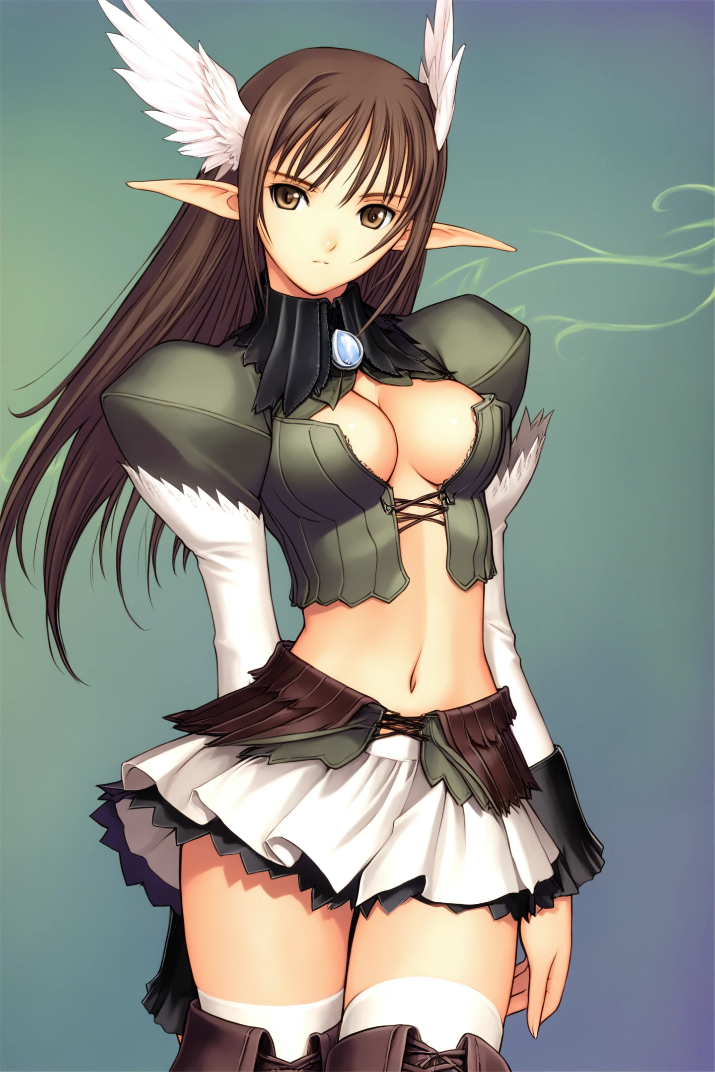 Xecty Ein,1girl,solo,pointy ears,thighhighs,head wings,long hair,elf,midriff,breasts,cleavage,boots,wings,skirt,navel,brown eyes,brown hair,zettai ryouiki,medium breasts,looking at viewer,
<lora:tony_illustriousXL:0.8>,