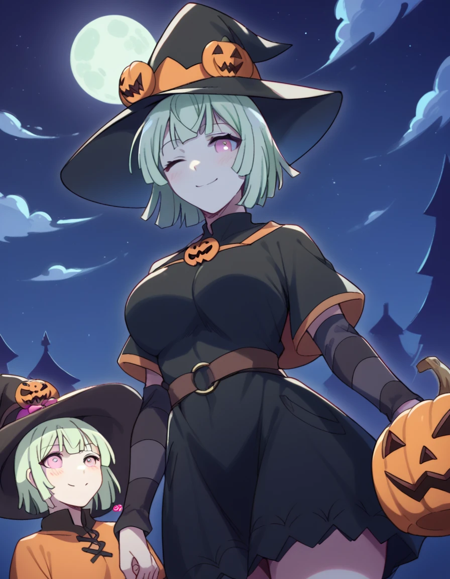 score_9, score_8_up, score_7_up, source_anime, <lora:sk-naraku-s1-ponyxl-lora-nochekaiser:1>, naraku, short hair, green hair, pink eyes, light green hair, large breasts,, <lora:witch-ponyxl-lora-nochekaiser:1>, witch, hat, witch hat, dress, halloween, halloween costume, jewelry,, night, moon, blush, smile, one eye closed,, , dutch angle, cowboy shot