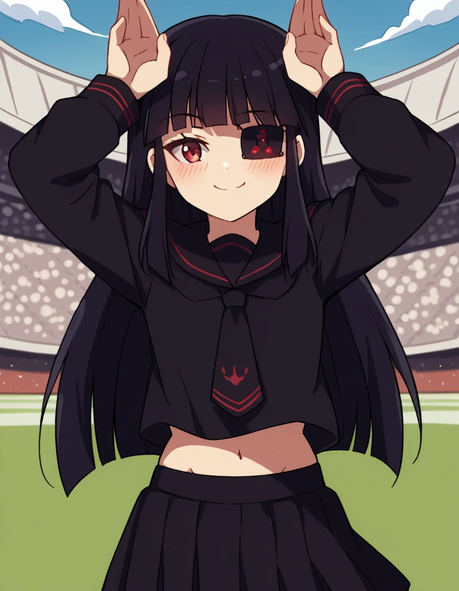 score_9, score_8_up, score_7_up, source_anime, <lora:sk-mirai-s1-ponyxl-lora-nochekaiser:1>, mirai, long hair, black hair, red eyes, eyepatch, bangs, blunt bangs,, skirt, shirt, long sleeves, navel, school uniform, pantyhose, pleated skirt, necktie, serafuku, midriff, black skirt, sailor collar, black shirt, black sailor collar, black serafuku,, stadium, seats, field, game, large, smile, <lora:rabbit-pose-ponyxl-lora-nochekaiser:1>, rabbit pose, smile, blush,, looking at viewer, solo,, dutch angle, cowboy shot