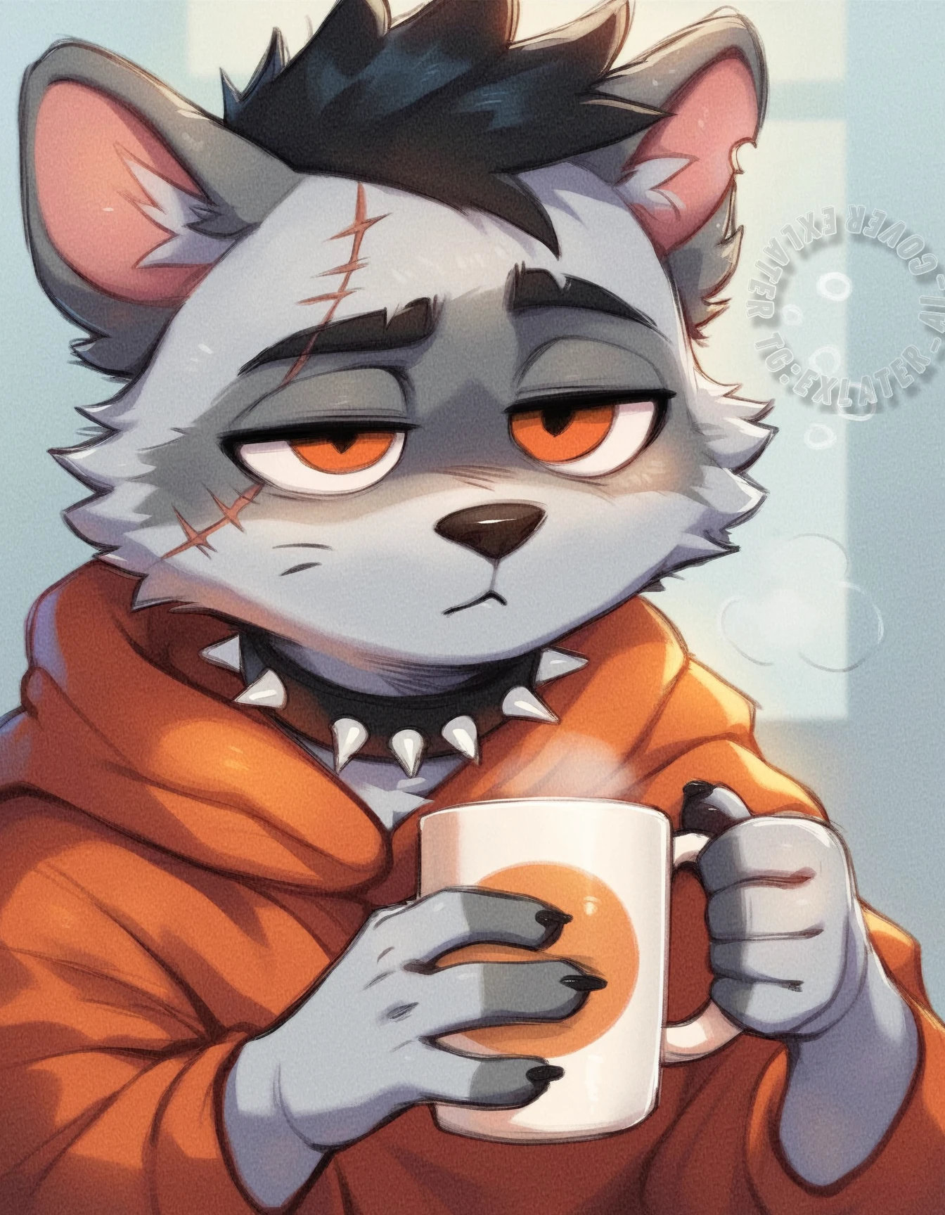 ShipXL, furry, anthro, Orange eyes, black pupil, Scar, torn off ear, Gray fur, Black hair, spiked collar, Holding a mug of coffee, sleepy