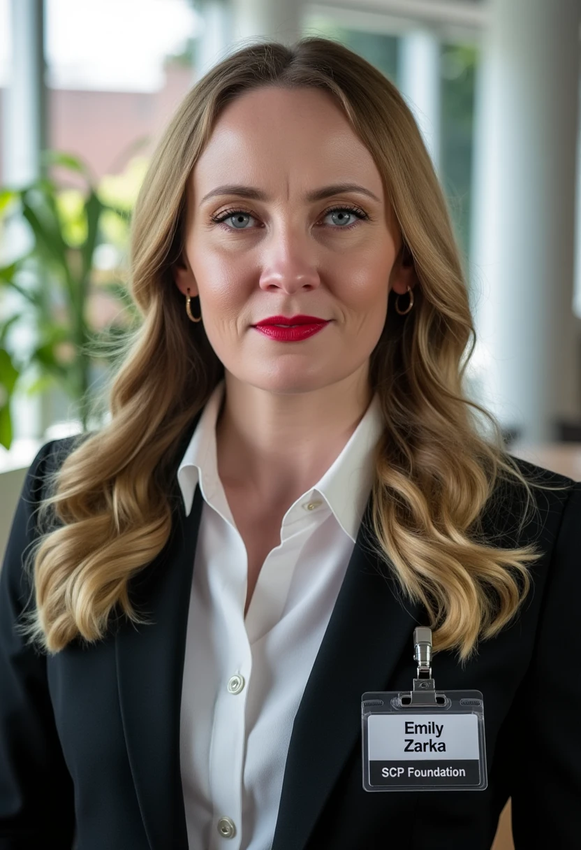 A portrait photo of emilyzarka, a woman. She is looking straight at the viewer with a serious expression on her face. She is wearing red lipstick. Her eyebrows are drawn down. Her mouth is closed and her lips are pressed together. She is wearing a professional white shirt and a black business suit. A simple black ID badge with white bold text name "Emily Zarka" and smaller title "SCP Foundation" is clipped to the suit jacket. The background is blurry and shows a modern office with house plants. Sunlight is shining through large windows.