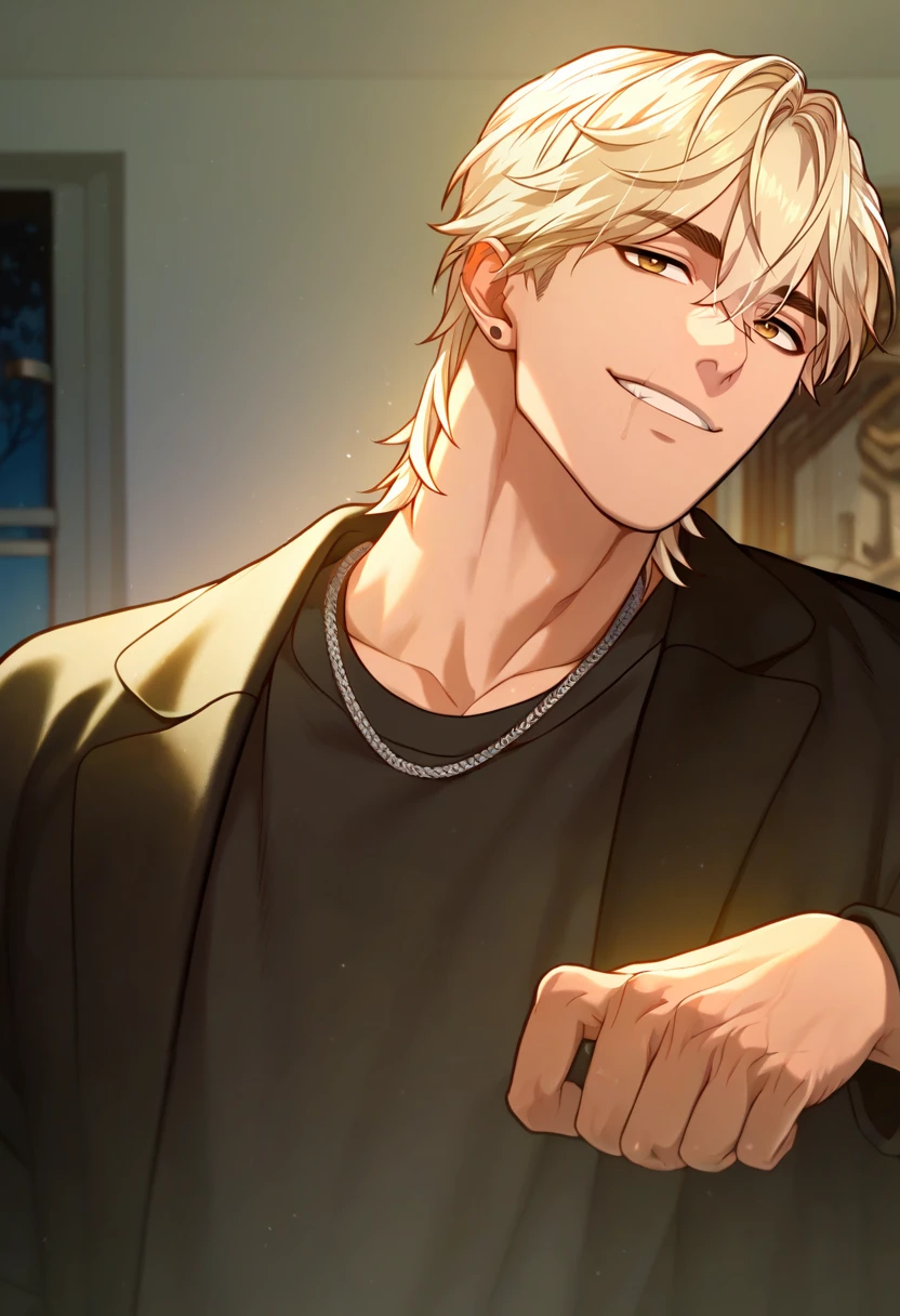 1boy, male focus, solo,
<lora:Character - Questism - JaehaHanPony-40:1> jaehahan, blonde hair, brown eyes, necklace, stud earrings,
,((zPDXL)), score_9_up, score_8_up, score_7_up, score_6_up, score_5_up, score_4_up, best quality, amazing quality, best aesthetic, amazing aesthetic, absurdres, year2023, uncensored, very nsfw, official art, official style, depth of field, detailed eye,
night, indoors, black shirt, jacket, ruins, smirk,
<lora:Style - Expressive_H-000001:1> expressiveh