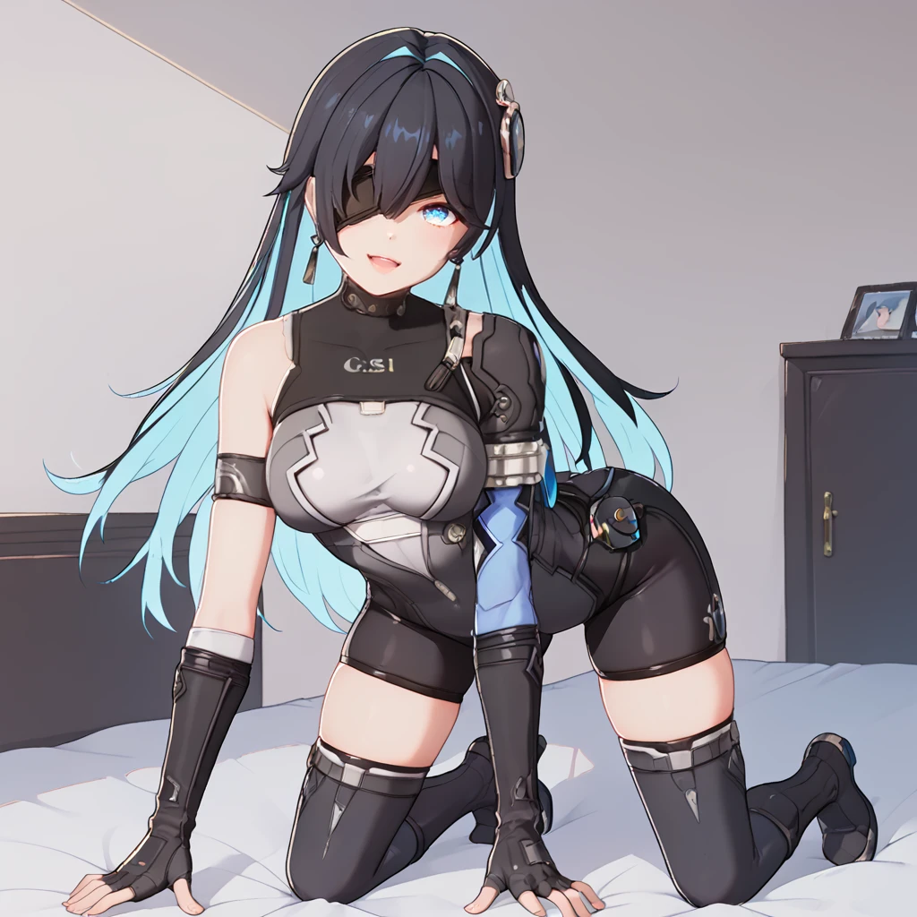 zPDXL3, 1girl, solo, xiva, black hair, blue eyes, eyepatch, long hair, gloves, blue hair, multicolored hair, fingerless gloves, breasts, two-tone hair, bodysuit, blue sleeve, asymmetrical clothing, hair ornament, thighhighs, asymmetrical legwear, black footwear, boots,
looking at viewer, facing viewer, open mouth, smile, head tilt, 
all fours, on bed, indoors, 
score_9, score_8_up, score_7_up, masterpiece,
<lora:xiva:0.9>