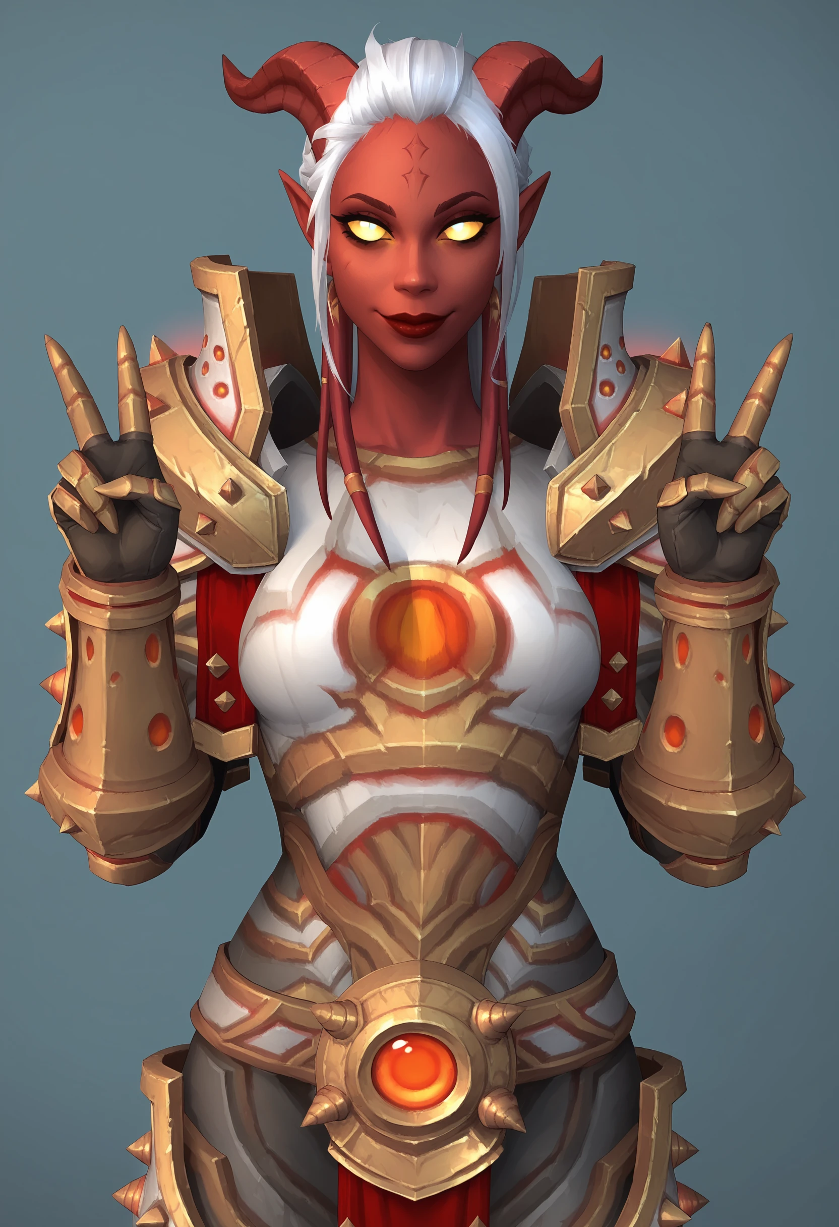 score_9, score_8_up, score_7_up, score_6_up, score_5_up, score_4_up, 1girl, <lora:DraeneiWarriorOC:0.75>  colored skin, red skin, yellow sclera, colored sclera, no pupil, pointy ears, white hair, horns, armor, shoulder armor, pauldrons, gauntlets, upper body, standing, looking at viewer, smile, front view, v sign, double v, 
light blue background, simple background,