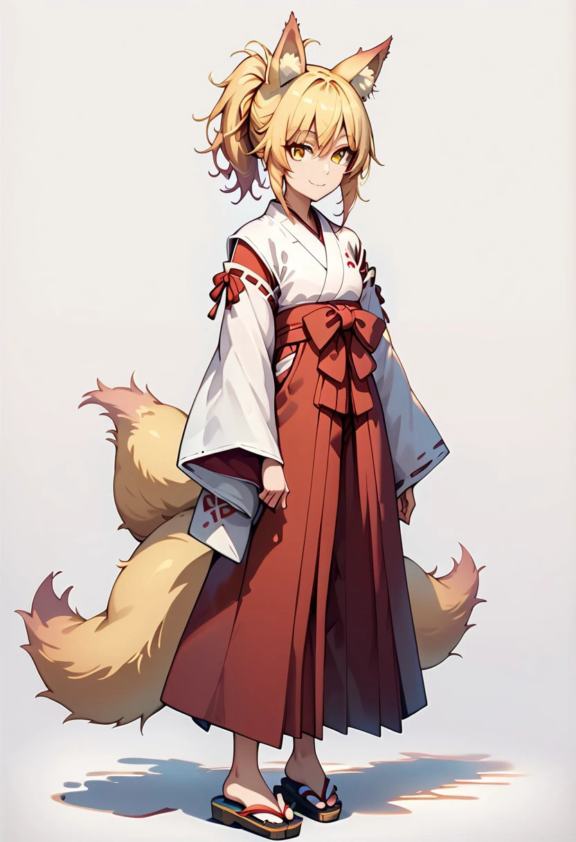 score_9, score_8_up, score_7_up, 
kun0u ,Kunou ,
1girl, solo, looking at viewer, smile, bangs, skirt, blonde hair, simple background, long sleeves, white background, bow, animal ears, hair between eyes, closed mouth, standing, tail, full body, yellow eyes, ponytail, japanese clothes, wide sleeves, kimono, grey background, animal ear fluff, fox ears, fox tail, shadow, sandals, fox girl, ribbon trim, hakama, hakama skirt, ribbon-trimmed sleeves, white kimono, miko, red hakama, zouri