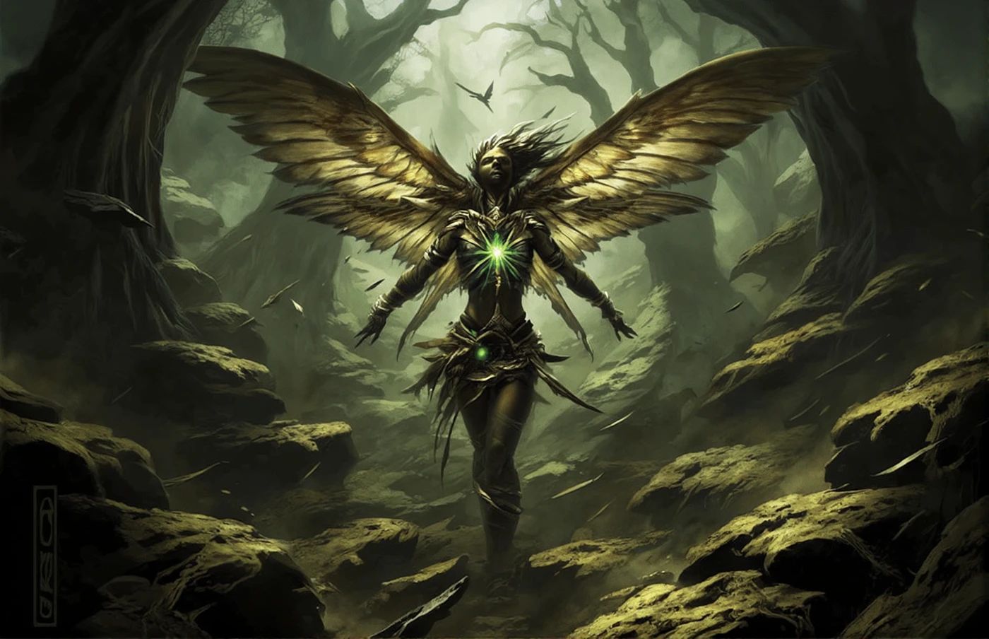 Implied_Dramatic_Movement_Style, sexy female fairie warrior flying through a dark forest, two wings, skimpy outfit, flying in the air