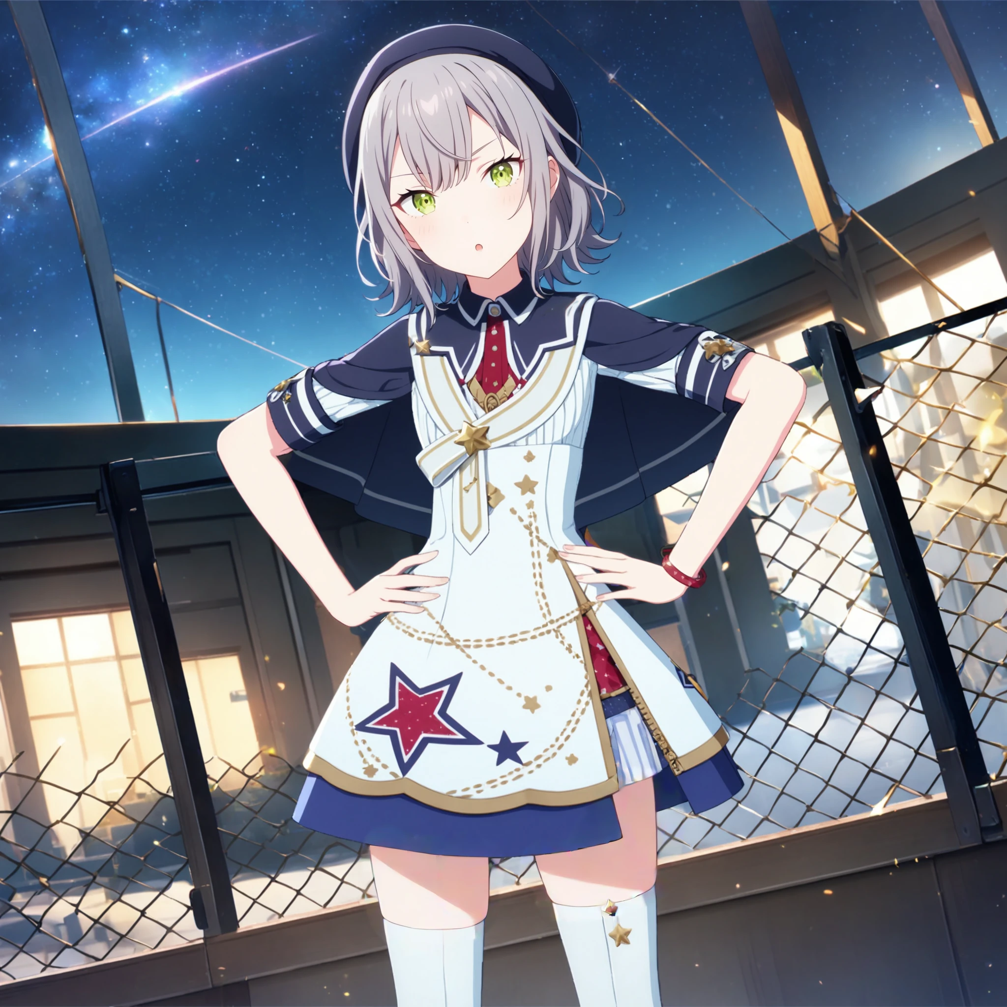 1girl, hinomori shiho, project sekai, masterpiece, very aesthetic, absurdres, official art,
thoughtful sister, silver hair, short hair, wolf hair, green eyes,
(looking at viewer:1.2), :o, reaching toward viewer, hand on hip, BREAK
white bow, red star print, short sleeves, white dress, dark blue beret, star (symbol), jewelry, bracelet, white thighhigh, short capelet, thighhigh under skirt,
beautiful starry sky, top of the school building, (mesh fence:1.2),
<lora:sdxl-leo-ThoughtfulSister02:0.9:lbw=0,0,0.2,0.2,0,0.4,0.4,0,0.8,0.8,0,0,0,0.8,0.8,0.6,0.8,0.0,0.0,0.0,0,0,0,0,0,0>