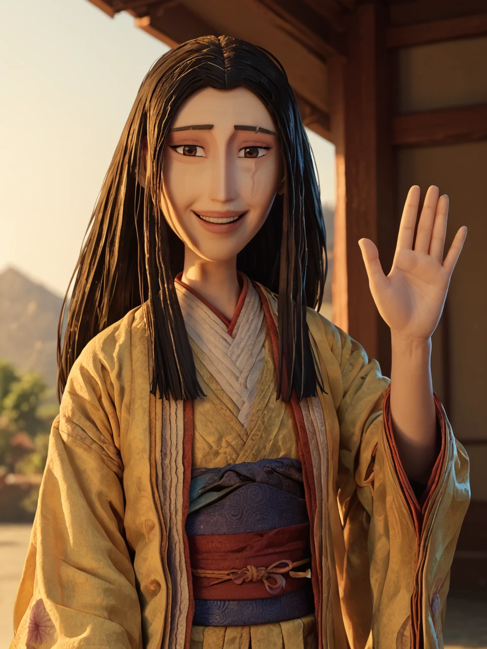 score_9, score_8_up, score_7_up, score_6_up, BREAK, KubSariatu, 1girl, solo, brown eyes, long hair, black hair, scar, kimono, smile, upper body, raise left hand, day, outdoor, waving, looking at viewer, Volumetric Lighting <lora:Sariatu2:1>