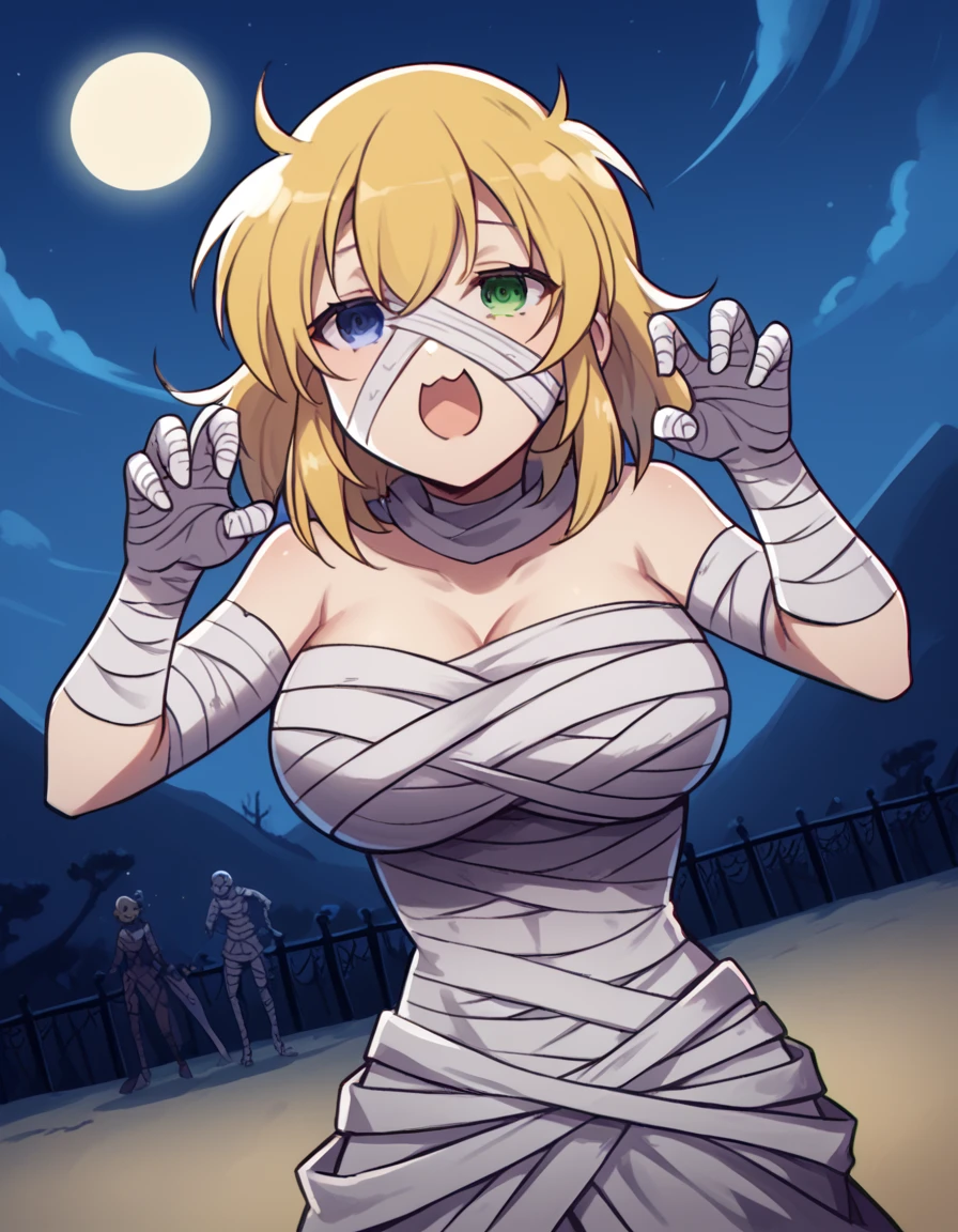 score_9, score_8_up, score_7_up, source_anime, <lora:sk-ryona-s1-ponyxl-lora-nochekaiser:1>, ryona, blue eyes, blonde hair, green eyes, medium hair, heterochromia, large breasts,, <lora:mummy-costume-ponyxl-lora-nochekaiser:1>, mummy costume, bandages, halloween costume, bandaged arm, zombie pose, bandage on face,, desert, moon, night, open mouth, , dutch angle, cowboy shot