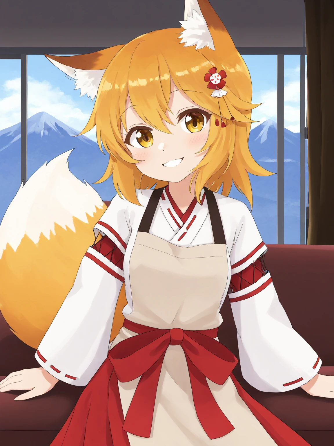 animal ear fluff,bangs,brown_apron,fang,fox ears,fox girl,fox tail,looking at viewer,miko,miyukari-san,red_bow,simple background,smile,wide sleeves,windows,indoors,sofa,red hakama skirt,upper body,senko-san,<lora:Miyukari san-SDXL-lora-2024.10.28-version3:0.55>,closed mouth,