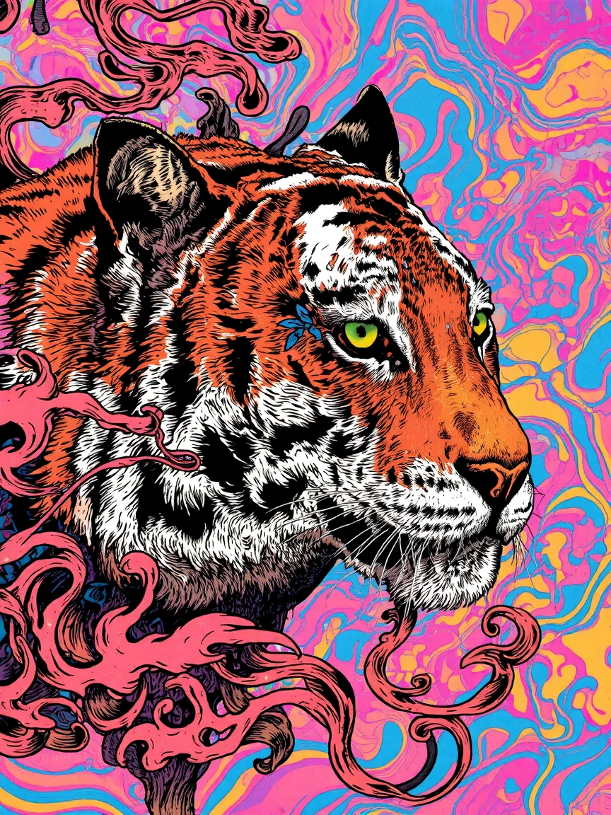 TThis vibrant, surreal digital artwork features a stylized, fantastical depiction of a tiger's head. The tiger's face is rendered in intricate, swirling patterns of orange, white, and black, capturing the intricate details of its fur and expressive eyes. Its face is adorned with elaborate, flowing patterns that extend into the background, blending seamlessly with the vibrant, psychedelic background. 

The tiger's head is positioned slightly to the left, with its eyes gazing off to the right. Its mane and fur are depicted in swirling, abstract patterns that transition into the background.