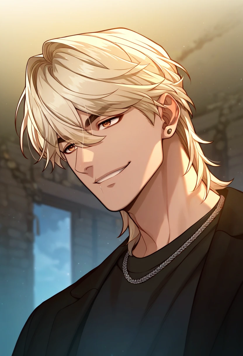 1boy, male focus, solo,
<lora:Character - Questism - JaehaHanPony-40:1> jaehahan, blonde hair, brown eyes, necklace, stud earrings,
,((zPDXL)), score_9_up, score_8_up, score_7_up, score_6_up, score_5_up, score_4_up, best quality, amazing quality, best aesthetic, amazing aesthetic, absurdres, year2023, uncensored, very nsfw, official art, official style, depth of field, detailed eye,
night, indoors, black shirt, jacket, ruins, smirk, upper body,
<lora:Style - Expressive_H-000001:1> expressiveh