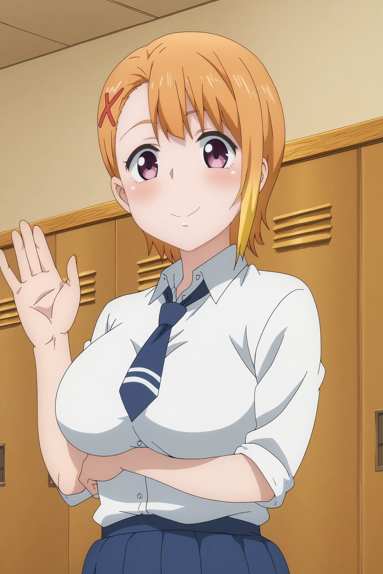 hana yurikawa,1girl,solo,hair ornament,x hair ornament,short hair,hairclip,blonde hair,necktie,school uniform,smile,shirt,looking at viewer,breasts,large breasts,standing,mature,arms_under_breasts, waving,blush
BREAK
indoors,locker_room,corridor,school corridor



<lora:Hana_Yurikawa_-_Mieruko_Chan.safetensors:0.8>
<lora:detailed_backgrounds_v2.safetensors:0.5>
