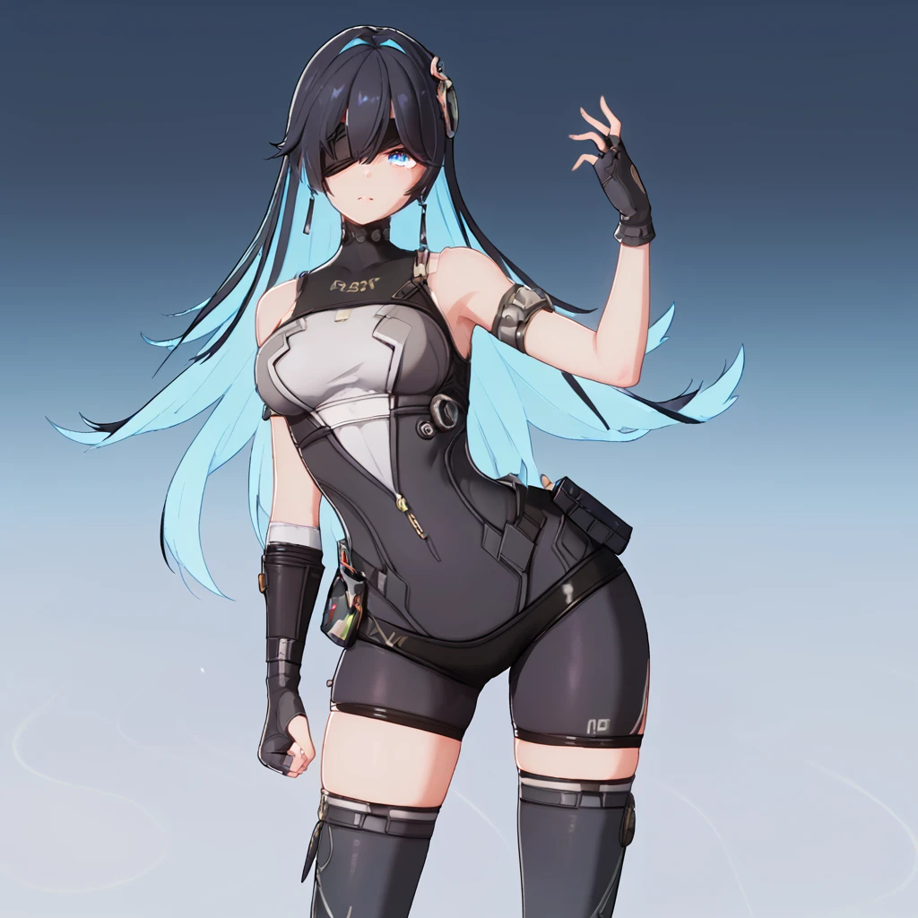 zPDXL3, 1girl, solo, xiva, black hair, blue eyes, eyepatch, long hair, gloves, blue hair, multicolored hair, fingerless gloves, breasts, thighhighs, two-tone hair, (asymmetrical legwear:1.2), bodysuit, blue sleeve, asymmetrical clothing, hair ornament,  looking at viewer, facing viewer, leaning forward, one arm up,
score_9, score_8_up, score_7_up, masterpiece,
<lora:xiva:0.9>