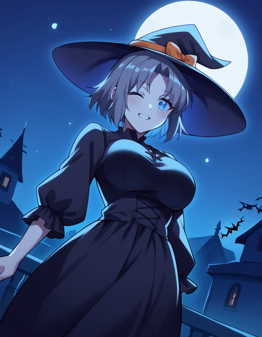 score_9, score_8_up, score_7_up, source_anime, <lora:sk-yumi-s1-ponyxl-lora-nochekaiser:1>, yumi, short hair, blue eyes, grey hair, hair bow, parted bangs, large breasts,, <lora:witch-ponyxl-lora-nochekaiser:1>, witch, hat, witch hat, dress, halloween, halloween costume, jewelry,, night, moon, blush, smile, one eye closed,, , dutch angle, cowboy shot