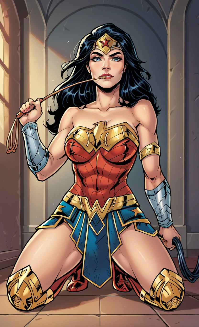 score_9,score_8_up,score_7_up BREAK <lora:WonderwomanRB:1>,WonderwomanRB,1girl,solo,long hair,blue eyes,skirt,black hair,cleavage,bare shoulders,collarbone,armor,tiara,armlet,bracer,whip,superhero,cowboy shot,room,room background,kneeling, v