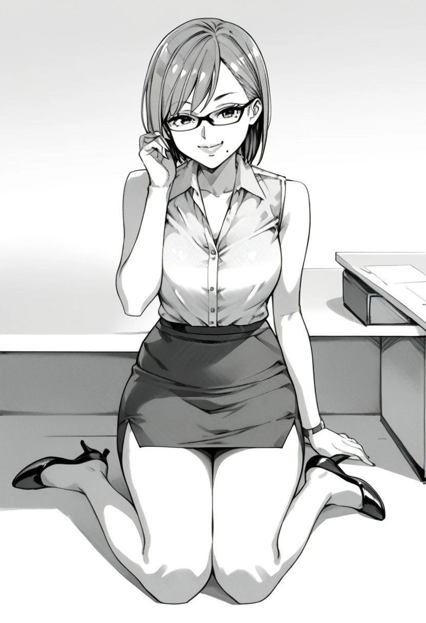 score_9_up, score_8_up, score_7_up, high quality, masterpiece, source_anime, kanaesensei, 1girl, greyscale, monochrome, skirt, solo, pencil skirt, smile, sleeveless, shirt, sitting, mole, mole under mouth, looking at viewer, sleeveless shirt, office lady, full body