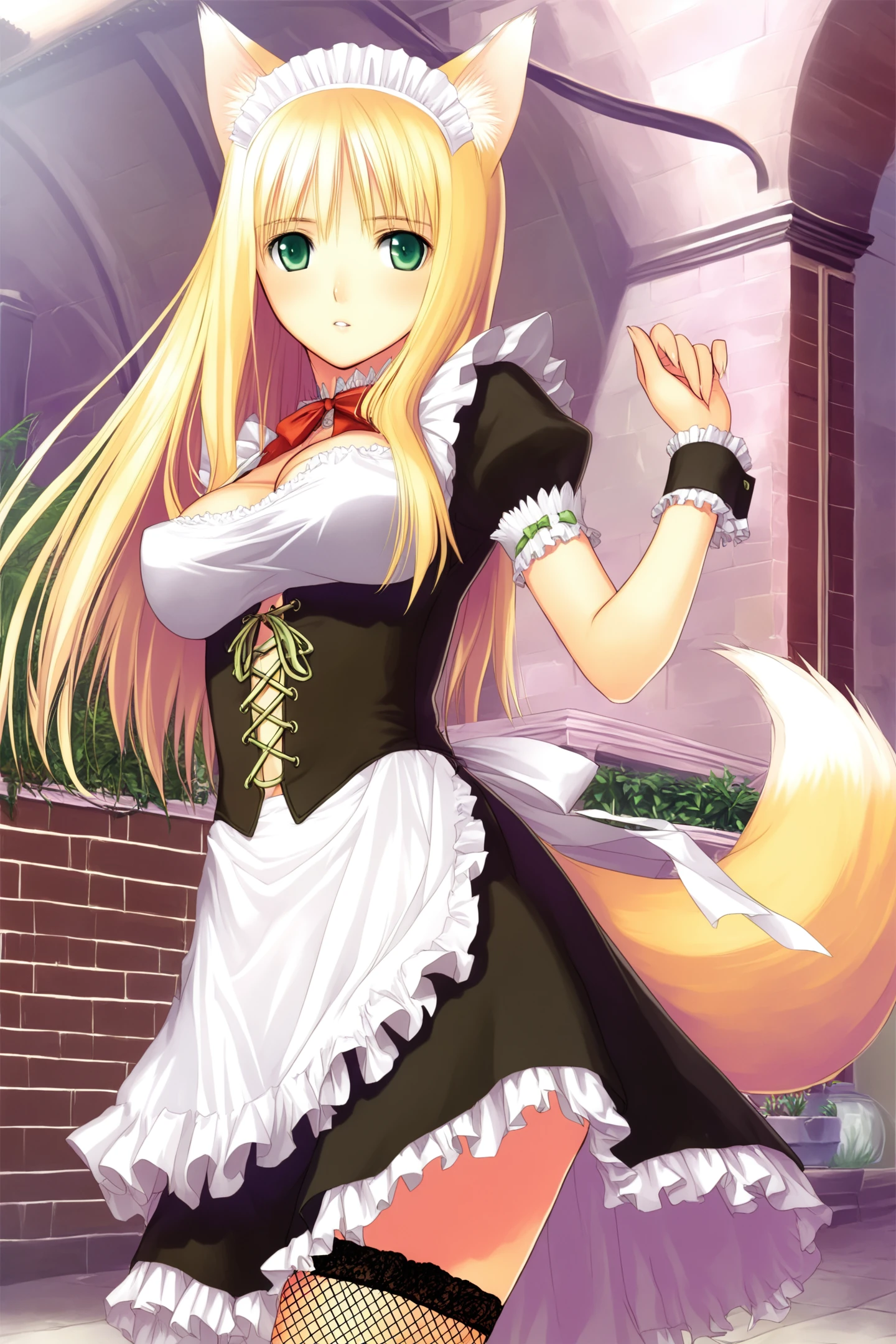 Rouna,1girl,solo,animal ears,tail,long hair,maid,blonde hair,fishnets,thighhighs,cleavage,breasts,maid headdress,green eyes,fishnet thighhighs,fox tail,fox ears,medium breasts,apron,
<lora:tony_illustriousXL:0.8>,