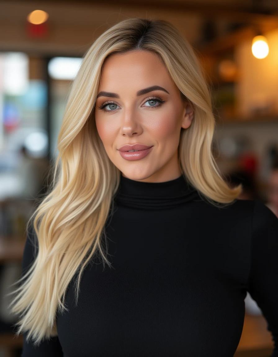 <lora:Savannah_Bond_Flux:1> This is an image of a women, beautiful detailed photograph,  blonde hair cascading , makeup  wearing a formfitting turtleneck dress, standing in cafe looking at the viewer, smile