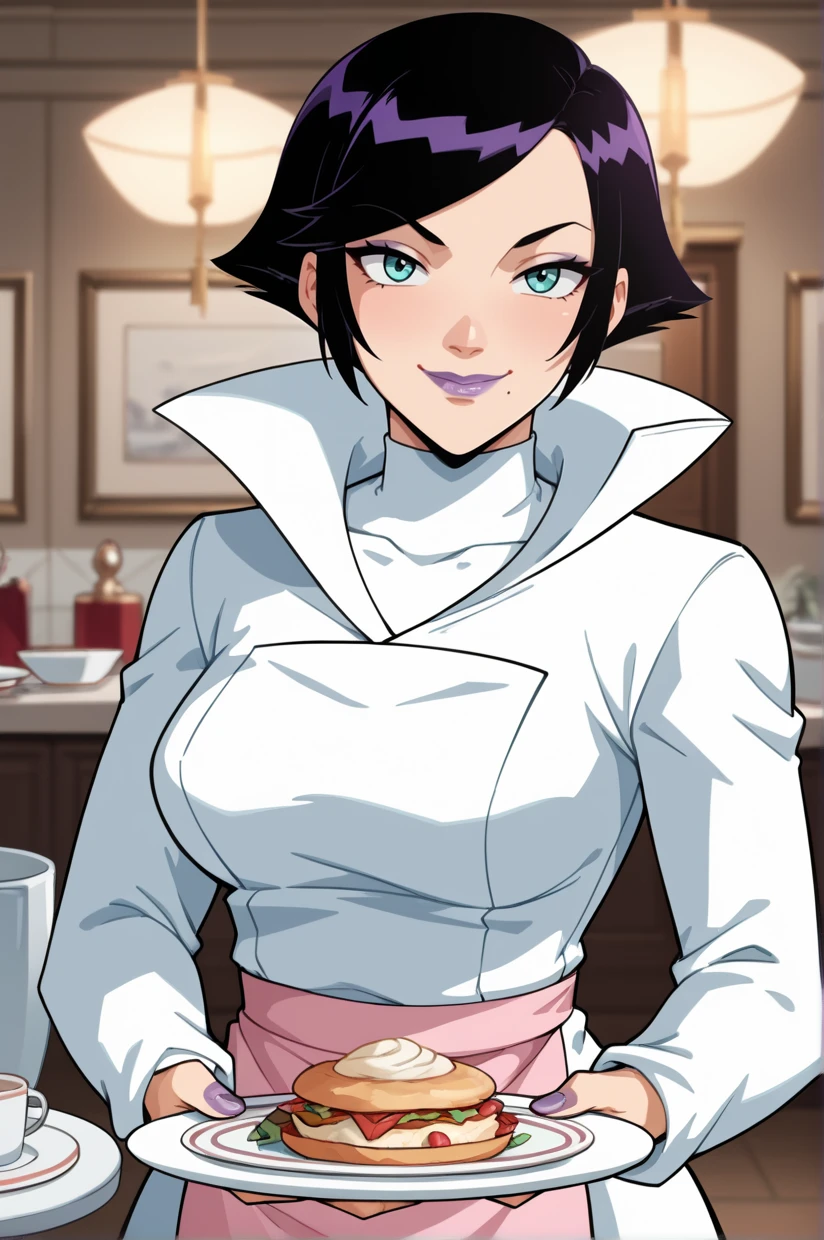 <lora:OliviaMendell-09:1> OliviaMendell, MOMSuit, black hair, short hair, aqua eyes, large breasts, mole over mouth, purple lipstick, makeup, nail polish, looking at viewer, popped collar, long sleeves, high collar, white coat, white pantyhose, smile, pink apron, frills, holding plate, 16k, masterpiece, absurdes, highly detailed, highres, high quality, best quality, score_9, score_8_up, score_7_up, score_6_up