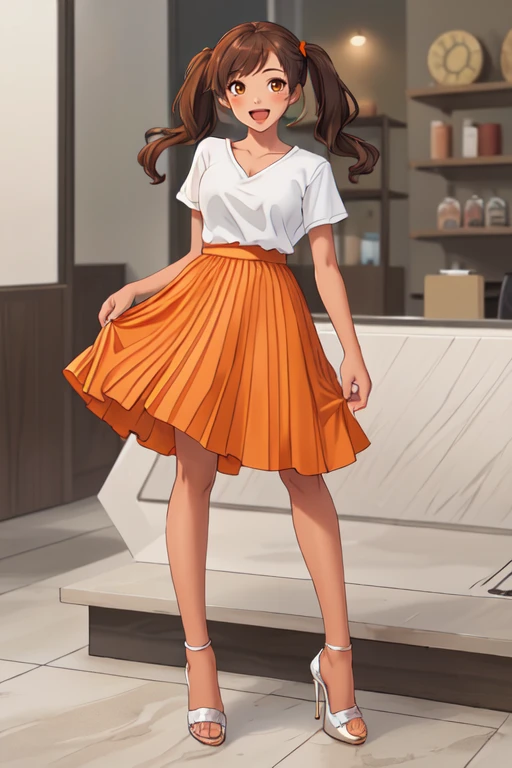 <lora:dsacrdn-12:0.4> dsacrdn, 1girl, midi skirt, orange skirt, high heels, dark brown hair, high twintails, tan skin, white shirt, short sleeves, v neck, :d