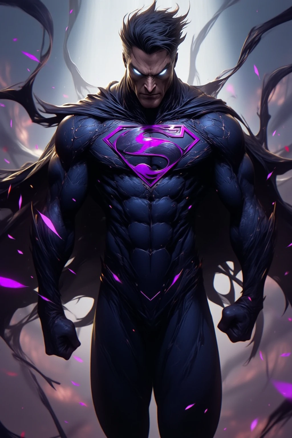 evil-uni, male focus, 1boy, muscular male, muscular, bodysuit, dark-skinned male, solo, animal print, dark skin, two-tone bodysuit, blue bodysuit, superhero, black hair, looking at viewer, cape, glowing eyes, pectorals, hair slicked backfullbody,realistic, Epic picture,