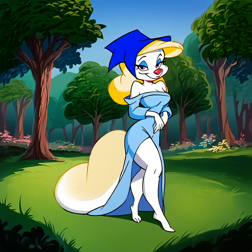 score_9, score_8_up, score_7_up, smile, ((seductive)), outdoors, trees, sky, grass, TVStyle, looking at viewer, ((alluring)) cowboy shot, day, ((dynamic shot))
BREAK
<lora:Minerva_Mink_XL_Animaniacs:1>, minerva mink, 1girl, solo, black eyes, white skin, blue eyeshadow, blonde hair, long hair, breasts, blonde fox tail, furry female, narrow waist, pink animal nose, ((sexy:1.3 pose)), bbnnt, blue bonnet, blue off-shoulder dress, bare shoulders, side slit, full body, 
BREAK
 sharp focus, 8k high definition, intricate details, (intricate), (finely textured),   zPDXL3_634798