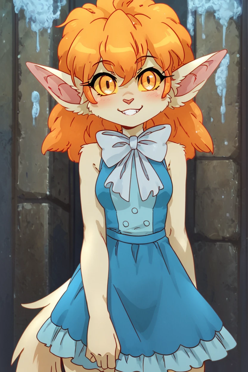 score_9, score_8_up, score_8, medium breasts, (curvy), cute, eyelashes,       BREAK, ,  ,,, <lora:WinnieWerewolf_PDXL:0.8>, zzWinnie, orange hair, pointy ears, 1girl, yellow sclera, yellow eyes, colored sclera, furry, colored skin, animal ears,   dress, bow, blue dress, white bow, bowtie ,,,  , BREAK, (warm colors), smile, looking at viewer, cowboy shot, ,,, embedding:zPDXL, Expressiveh, ,,, <lora:PrismaIllya_PDXL_v3:1.0>, <lora:SDXLFaeTastic2400:0.5>, <lora:Expressive_H-000001:0.4>,