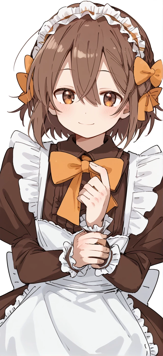 1boy,solo,male focus,asuka,brown hair,short hair,hair between eyes,brown eyes,braid,frills,bow,hair bow,smile,maid