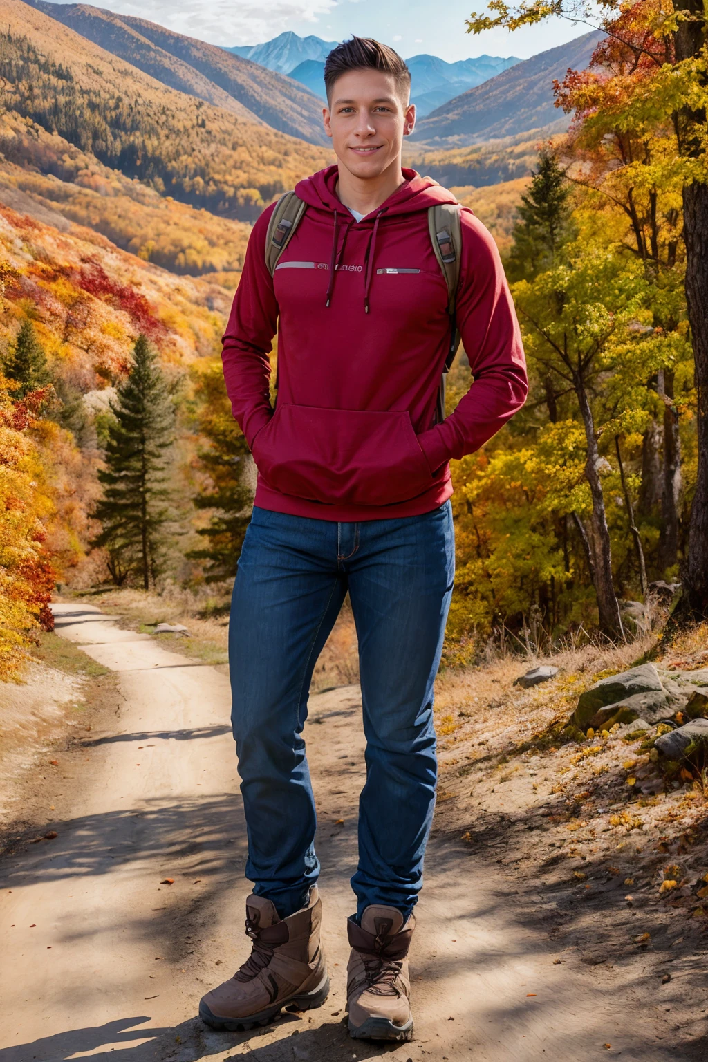 forest hiking trail, mountains in the background, (fall foliage), slight smile, DaltonRiley, red hoodie, denim blue jeans, backpack, hiking boots,  (((full body portrait))), wide angle  <lora:DaltonRiley:0.8>