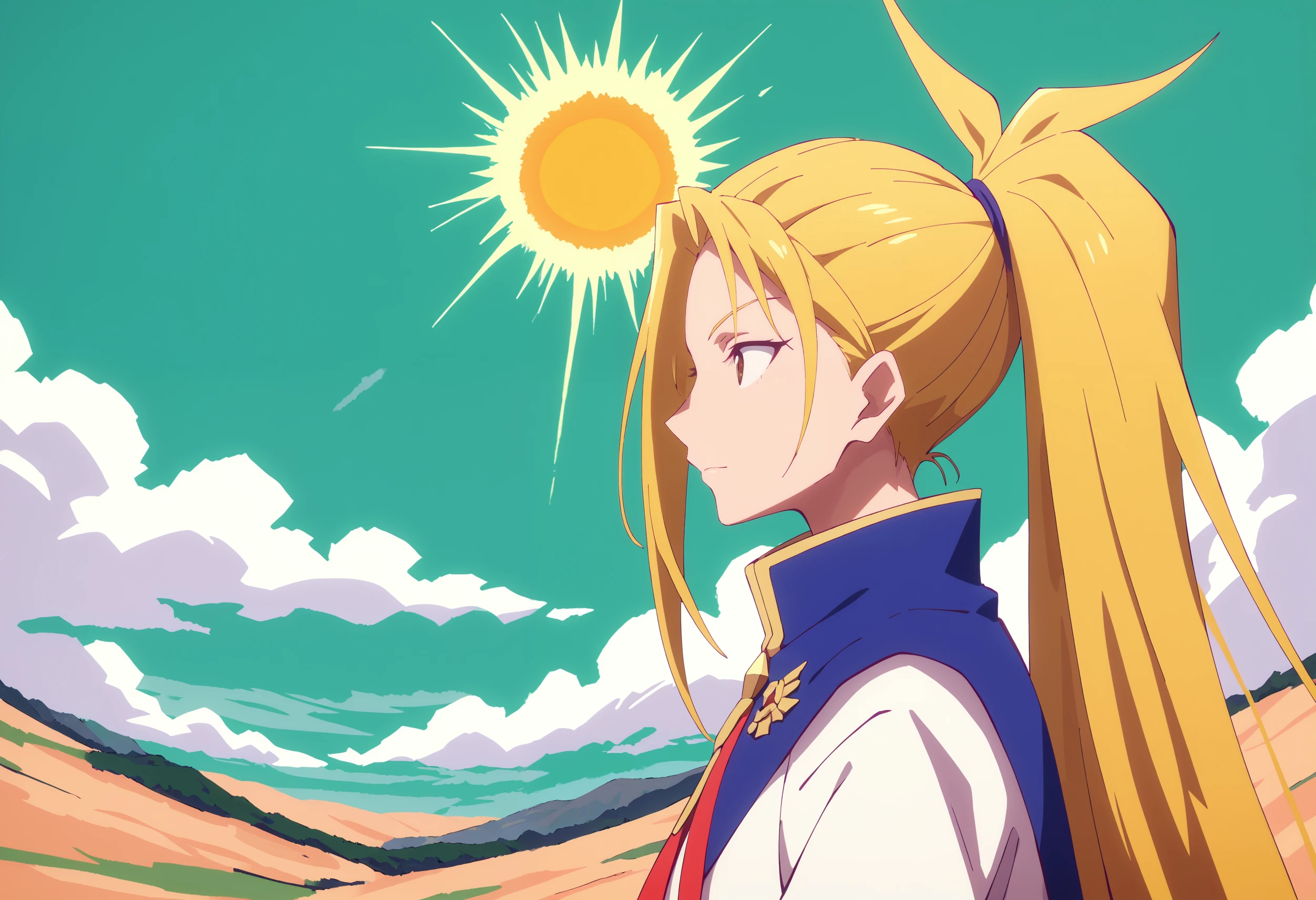 (score_9, score_8_up, score_7_up, source_anime, (Masterpiece:1.3), (best quality:1.2)), idaten_sty1e, solo, blonde hair, long hair, cloud, 1girl, ponytail, sky, sun, profile, upper body, day, <lora:idaten_deities-000008:1>