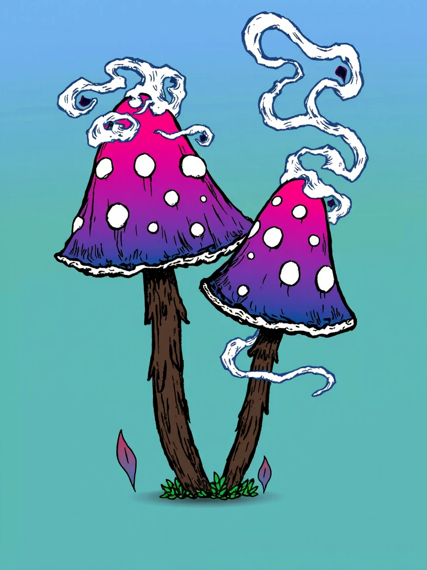 The image is a vibrant, whimsical digital drawing with a fantastical, psychedelic theme. The scene features two large, brightly colored mushrooms with elongated stems. The mushrooms have caps that transition from a deep pink at the base to a gradient of purple and blue at the top, with white spots scattered across their surfaces. Wispy, swirling tendrils of smoke or mist emanate from the caps, adding a mystical, ethereal quality to the scene. The stems are a deep brown, with detailed textures suggesting rough bark.

The background is a gradient of green and blue hues, creating a dreamy, otherworldly atmosphere.