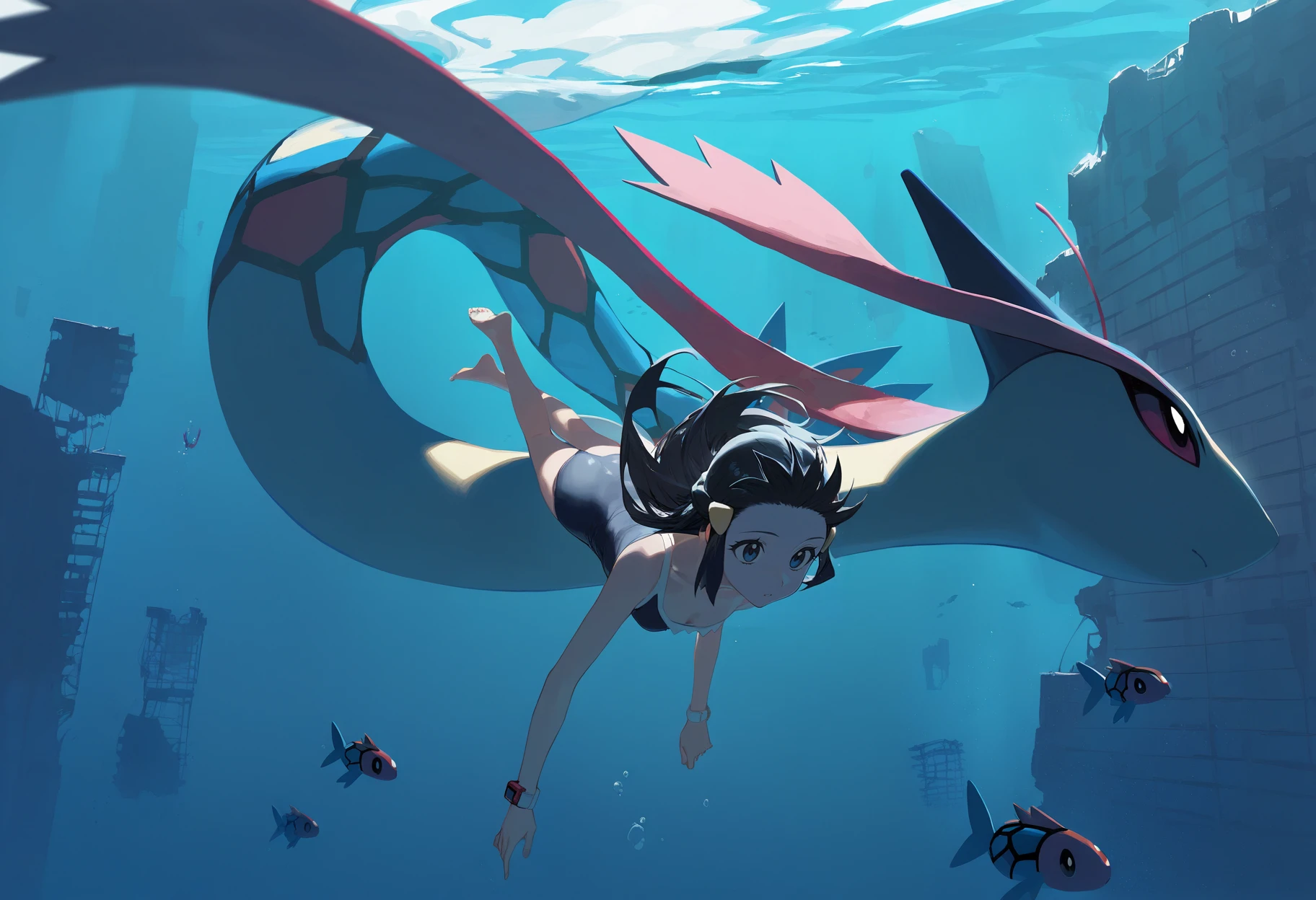 artist:ciloranko,artist:modare,artist:diyokama, astero, scenery, pokemon \(creature\),
best quality, amazing quality, very aesthetic, absurdres, best quality, masterpiece, newest,
underwater,
1girl, dawn \(pokemon\), black hair, blue eyes, swimming, one-piece swimsuit, full body, barefoot, solo, milotic,
floating ruins, destroyed buildings, underwater ruins, blue theme,Cinematic Lighting, light particles, bubbles  <lora:AsteroIllustriousXL_byKonan:1>