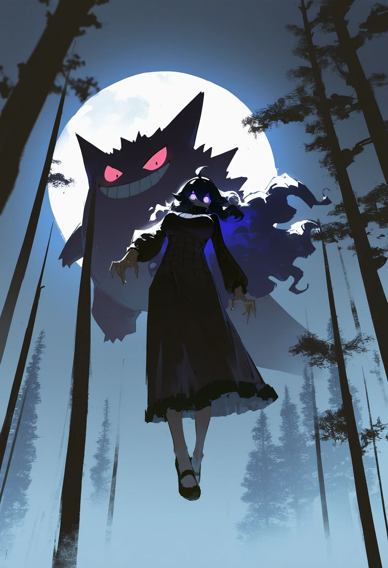 astero, scenery, pokemon \(creature\),
dino_(dinoartforame),
masterpiece,best quality,very aesthetic,newest,
gengar,
1girl,
hex maniac \(pokemon\),
purple hair, floating hair,
dress, large breasts,
from below, looking at viewer, looking down, glowing eyes, evil smile,
backlighting, night, dark, moon,
forest, white background,
perspective, <lora:AsteroIllustriousXL_byKonan:1>