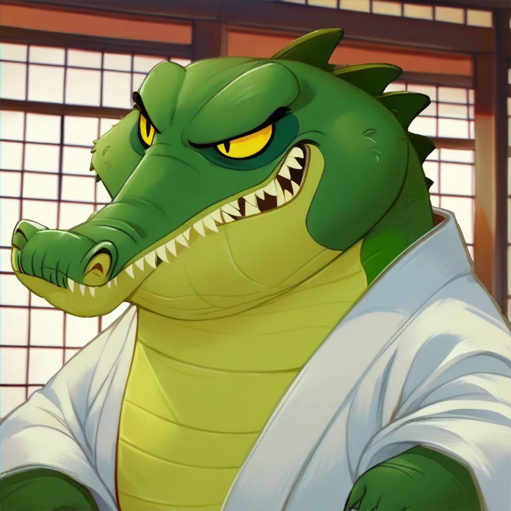 score_9, score_8_up, score_7_up, (((makuu, crocodile, scaly male))), solo, karate training, white karate kimono, traditional dojo, indoors