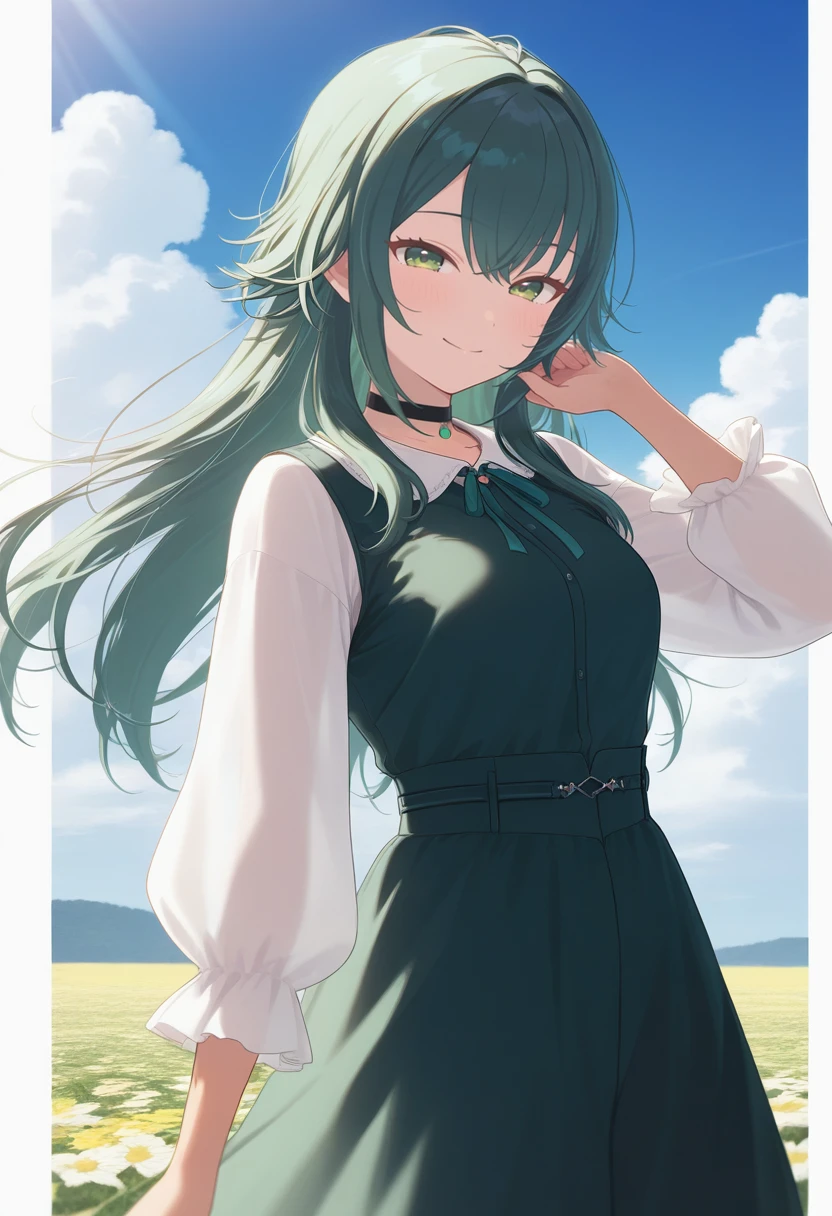 1girl, looking at viewer, solo, black choker, cowboy shot, tsukimura temari, long hair, green eyes, hair between eyes, green hair, medium breasts, <lora:Tsukimura_Temari-03:0.8>, blouse, blush, cloud, flower, hair bow, long skirt, outdoors, pillarboxed, puffy long sleeves, ribbon, shirt, smile, sunlight, tan, vest, , detailed eyes, volumetric lighting, shiny skin, humid skin, BREAK, best quality, amazing quality, highres, absurdres, very aesthetic, high resolution, ultra detailed, perfect details <lora:nyalia:0.4>