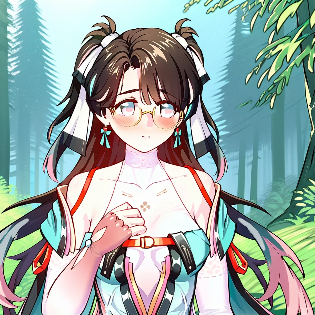 source anime, score 9, score 8 up, score 7 up, Zhezhi, solo, glasses, blush, looking away, two side up, outdoors, forest, upper body, hand on own chest, white bodysuit