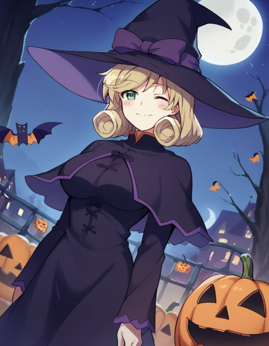 score_9, score_8_up, score_7_up, source_anime, <lora:sk-haruka-s1-ponyxl-lora-nochekaiser:1>, haruka, short hair, blonde hair, green eyes, hair bow, large breasts,, <lora:witch-ponyxl-lora-nochekaiser:1>, witch, hat, witch hat, dress, halloween, halloween costume, jewelry,, night, moon, blush, smile, one eye closed,, , dutch angle, cowboy shot