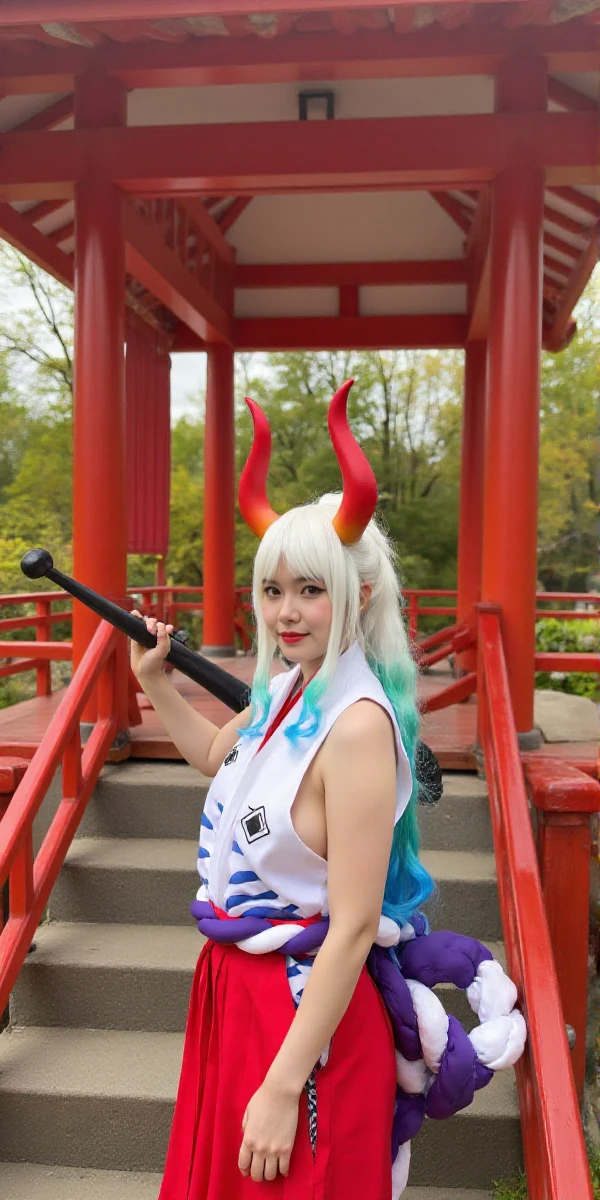 Yalamato is a multicolored hair woman with horns and wears japanese clothes and holds a stick in a in a japanese temple <lora:Yamato:0.9>