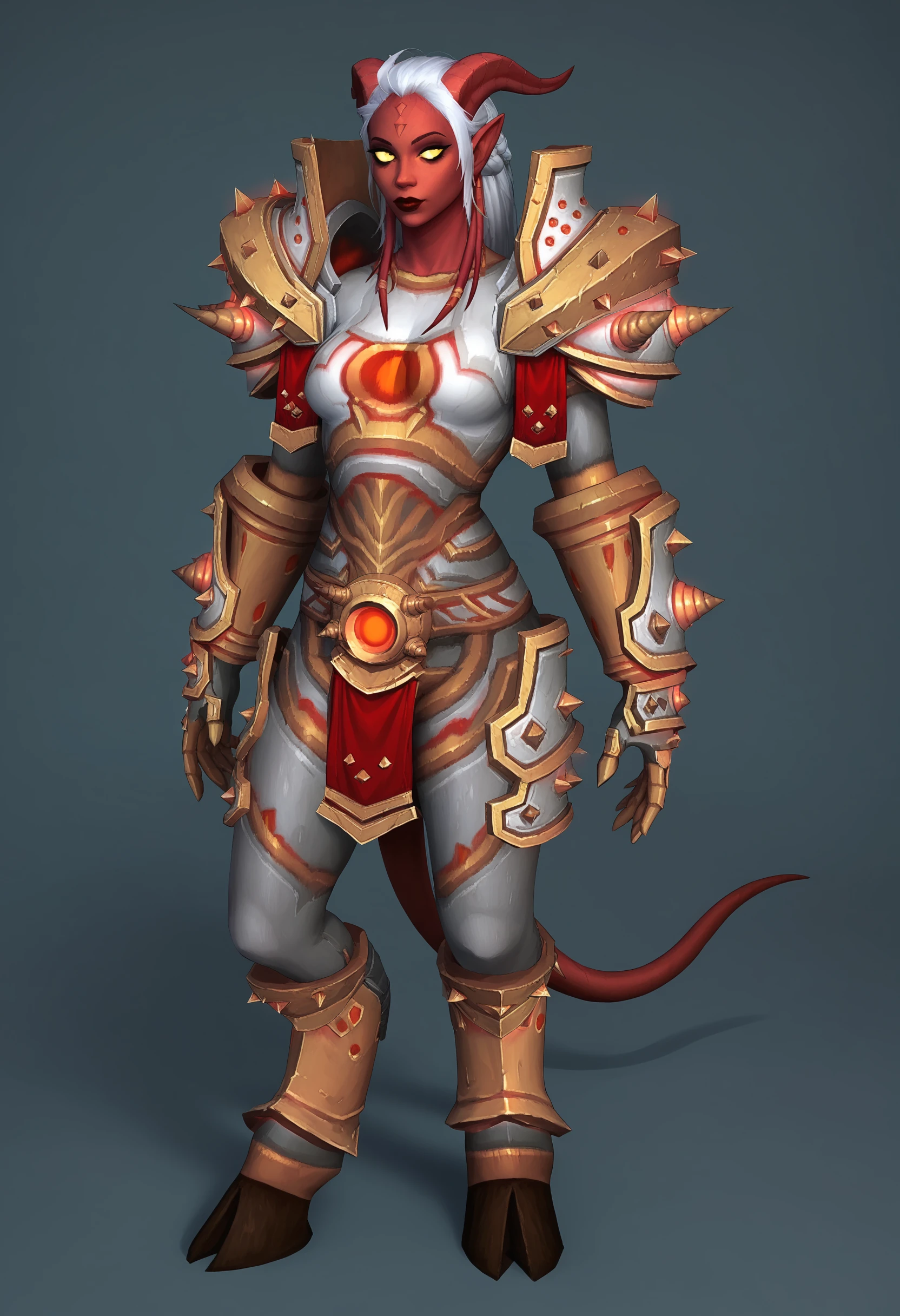 score_9, score_8_up, score_7_up, score_6_up, score_5_up, score_4_up, 1girl, <lora:DraeneiWarriorOC:0.85>  colored skin, red skin, yellow sclera, colored sclera, pointy ears, white hair, horns, tail, hooves, armor, shoulder armor, pauldrons, gauntlets, full body, standing, looking at viewer, 
light blue background, simple background,