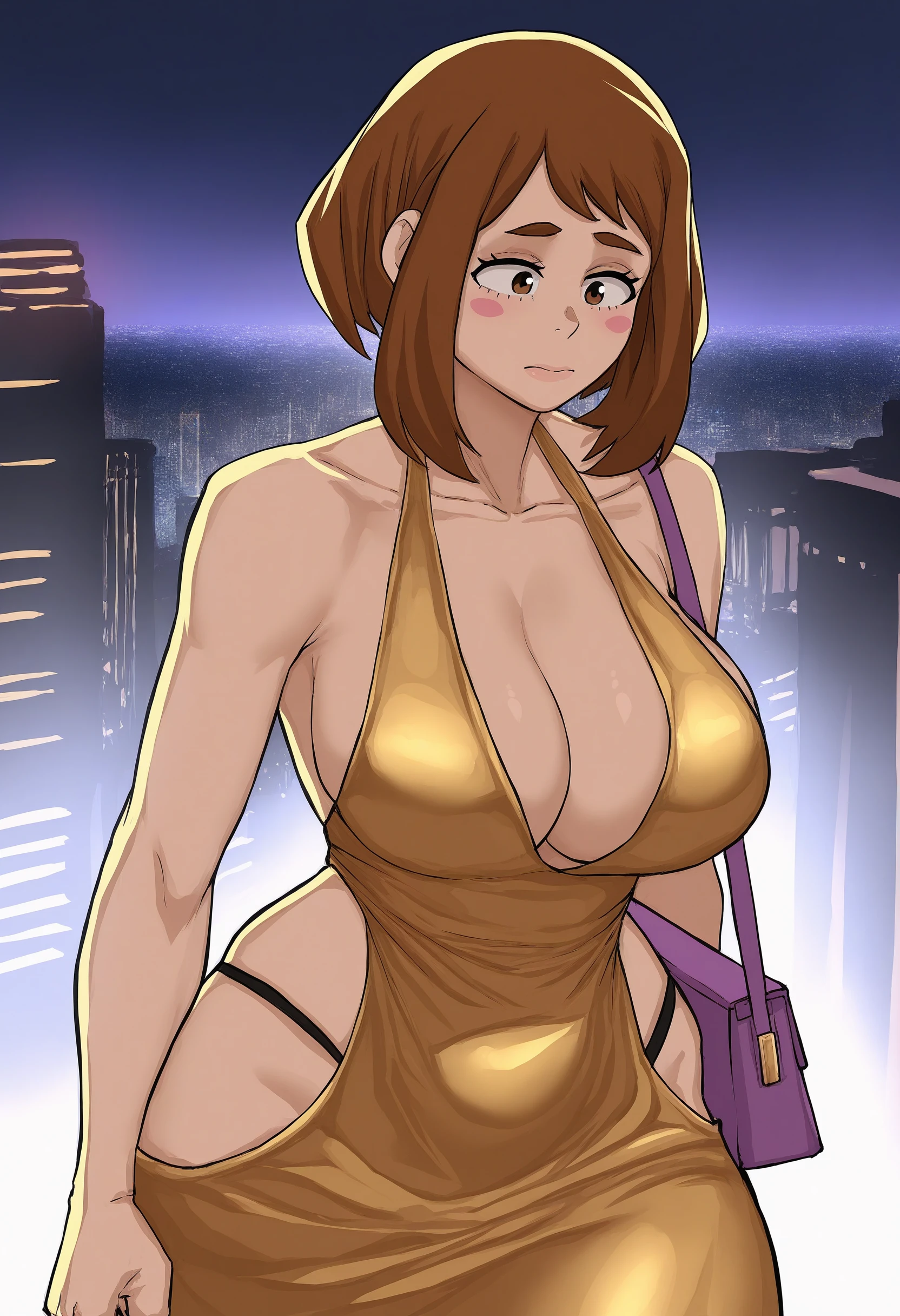 <lora:Cyberboi-guy-Illust-Lycorisv1:1> cyboii, 1girl, solo, uraraka ochako, brown hair, gold dress, large breasts, cleavage, g-string, purple handbag, impossible dress, hip vent, city, simple background, night, 
masterpiece, best quality