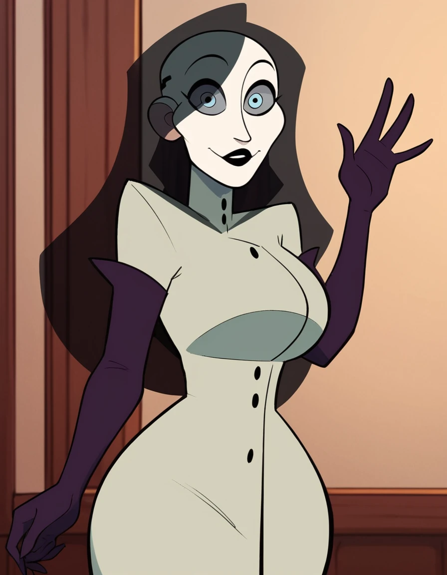 villanospenumbra, translucent hair, long hair, black hair, gray iris, black lips, lipstick, eyeshadow, pale skin, labcoat, elbow gloves <lora:Penumbra_Villanous:0.85>, looking at viewer, upper body, waving with one hand, score_9, score_8_up, score_7_up, cute,